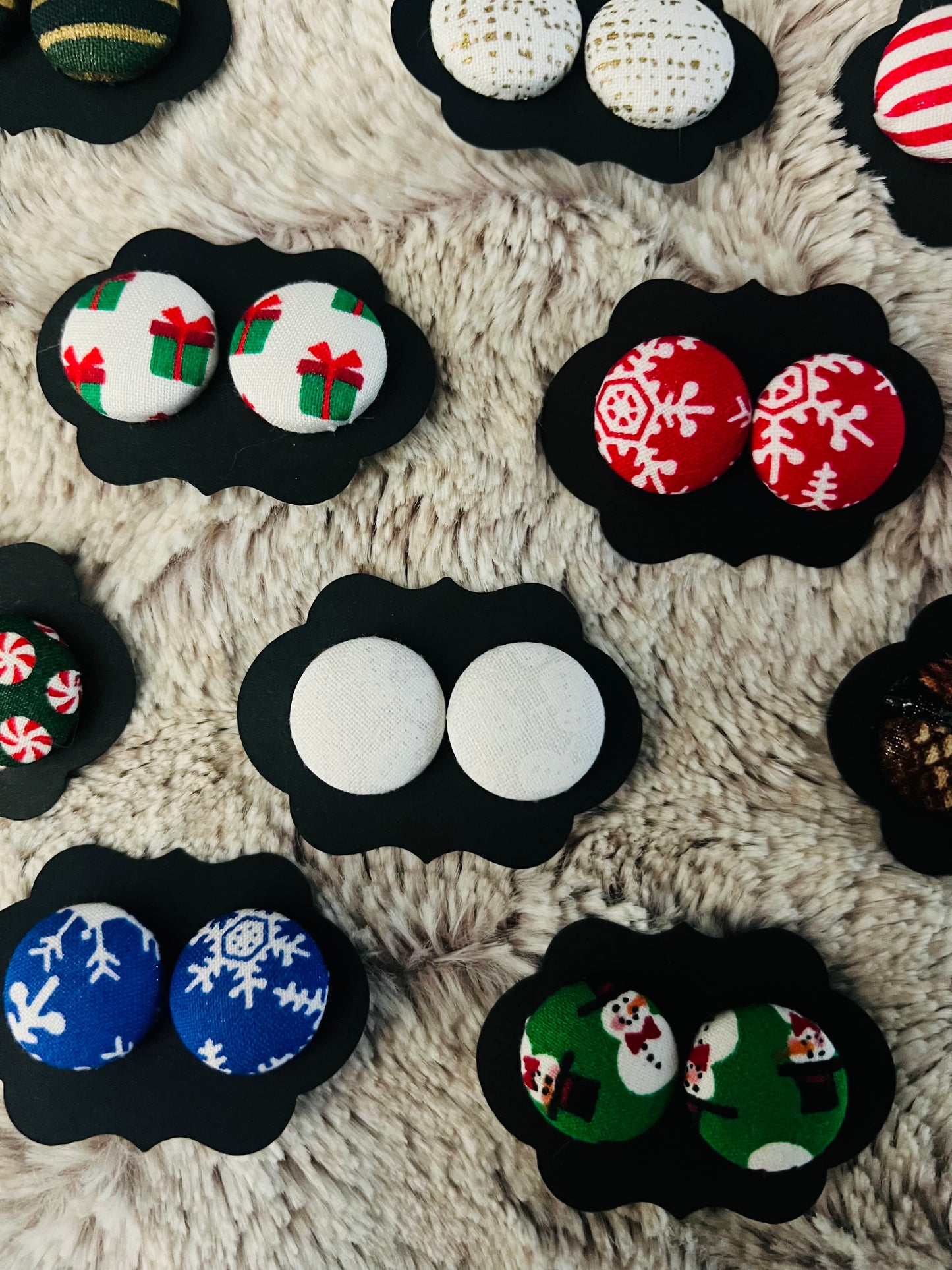 Holiday Fabric Cover Button Stud Earrings