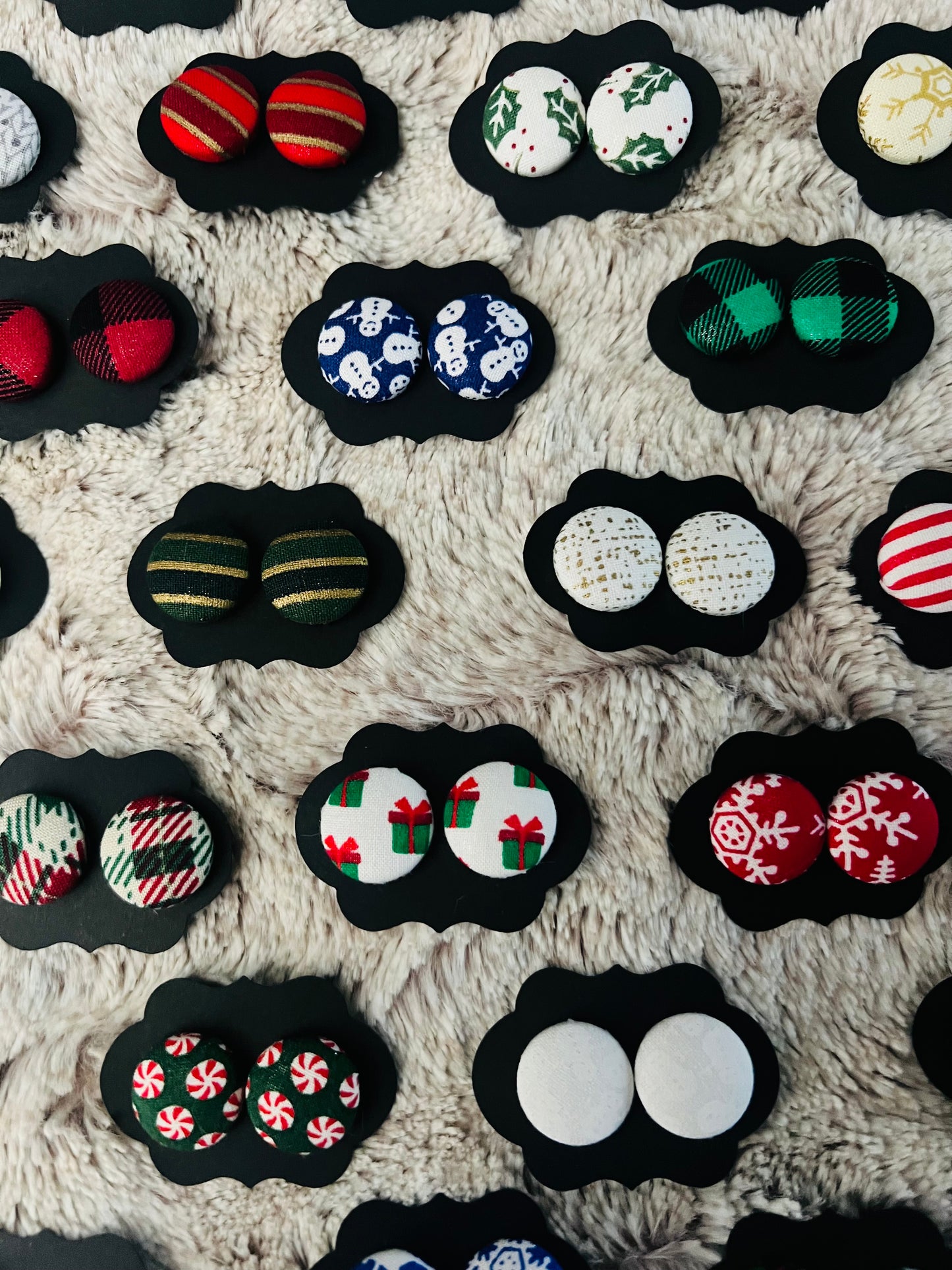 Holiday Fabric Cover Button Stud Earrings