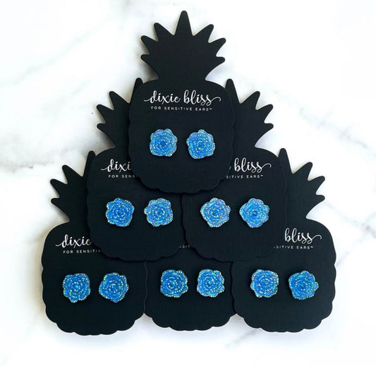 Druzy Roses in Silk Blue - Dixie Bliss - Single Stud Earrings