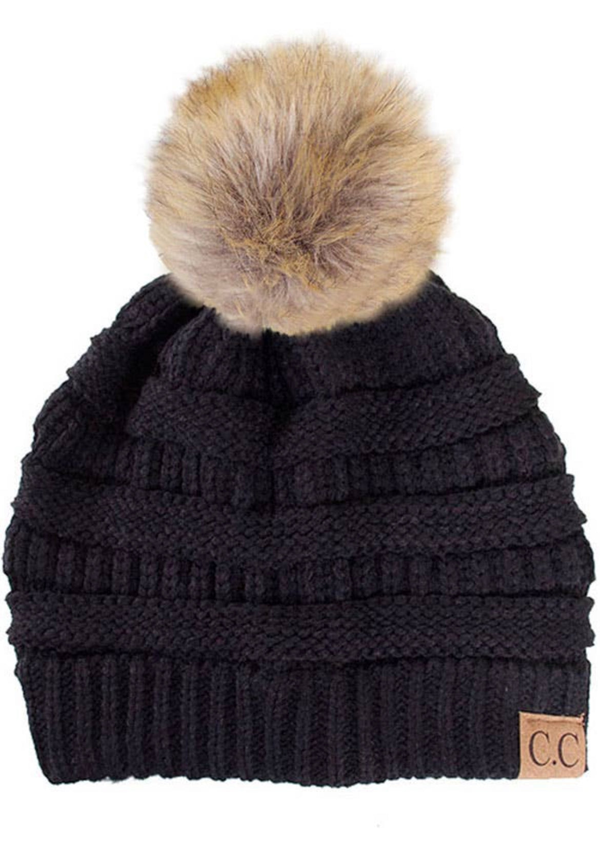 C.C. Solid Ribbed Knit Beanie w/Pom