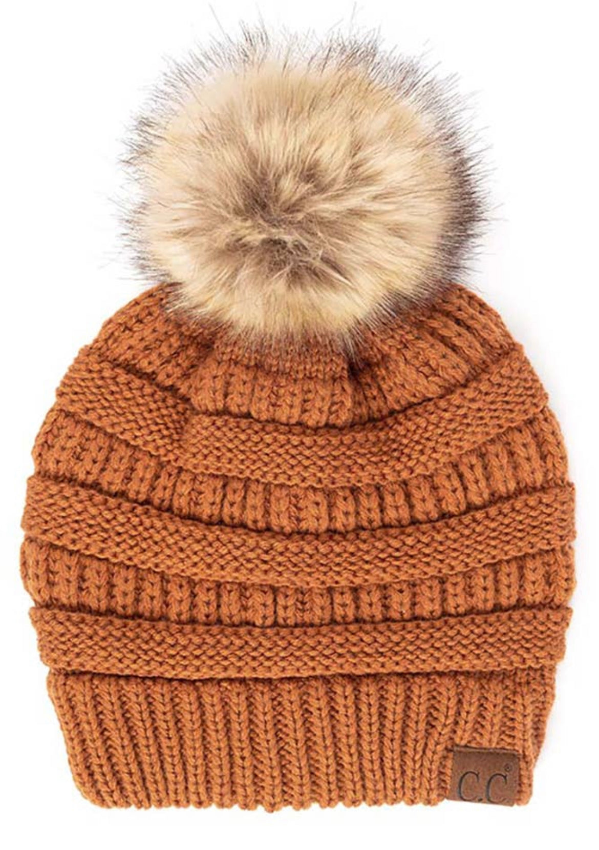 C.C. Solid Ribbed Knit Beanie w/Pom