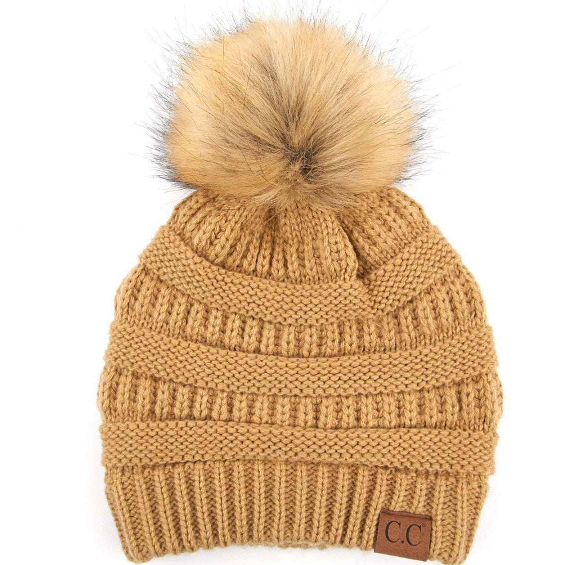 C.C. Solid Ribbed Knit Beanie w/Pom