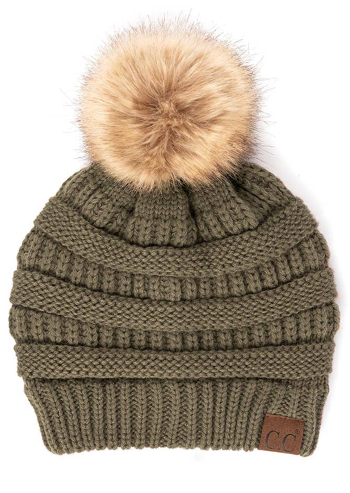 C.C. Solid Ribbed Knit Beanie w/Pom