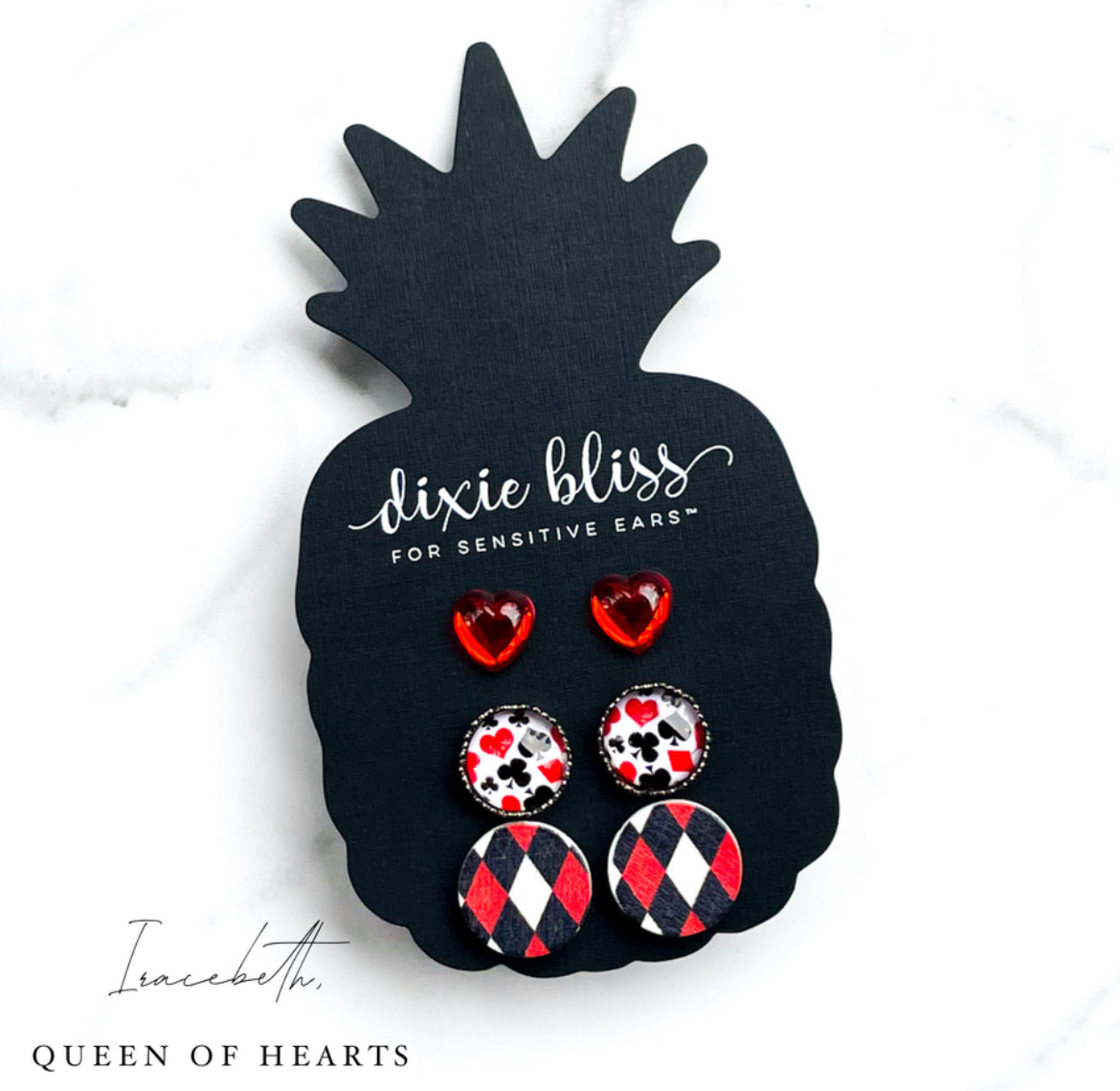 Iracebeth, Queen of Hearts - Dixie Bliss - Trio Stud Earring Set