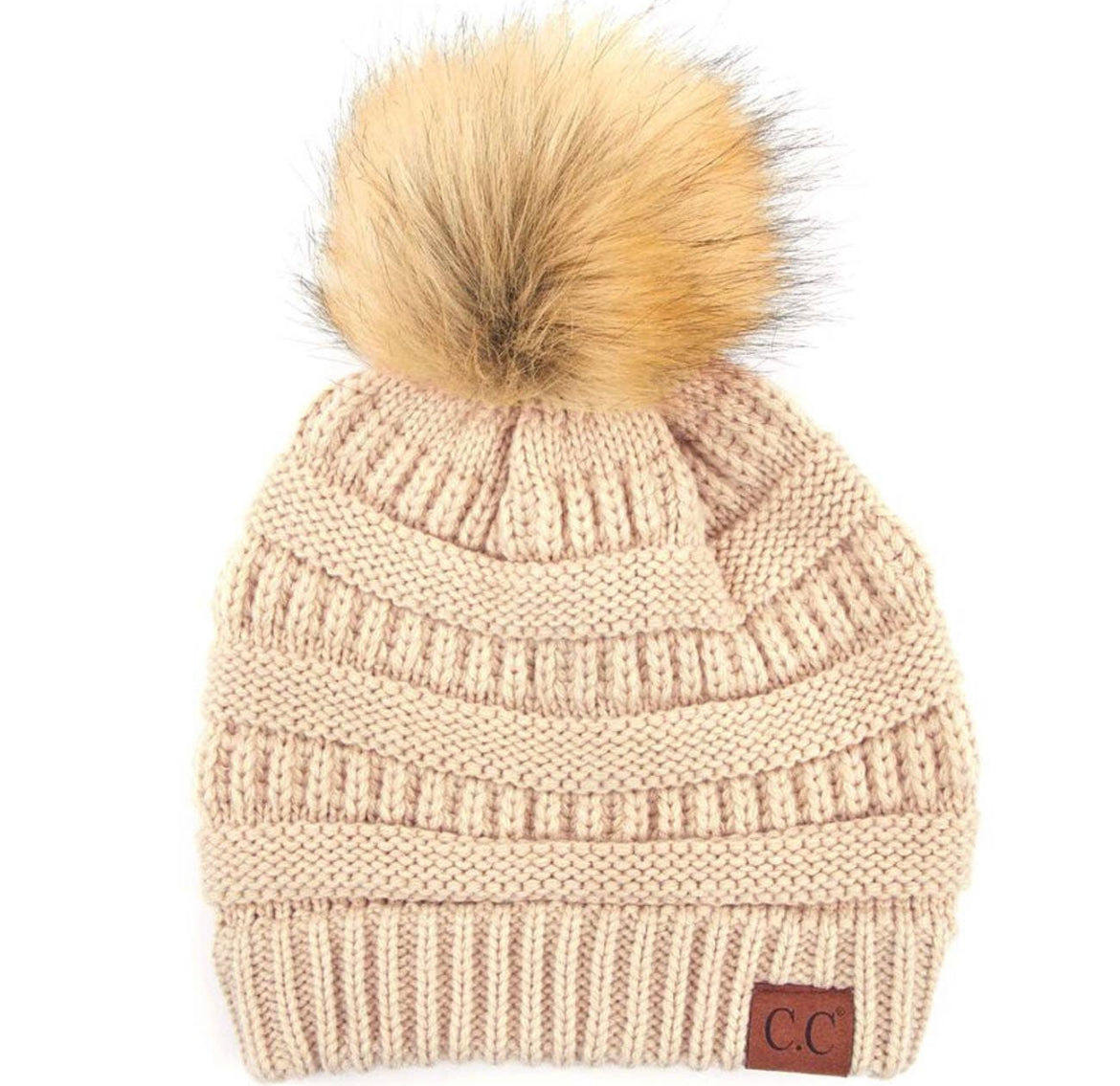 C.C. Solid Ribbed Knit Beanie w/Pom