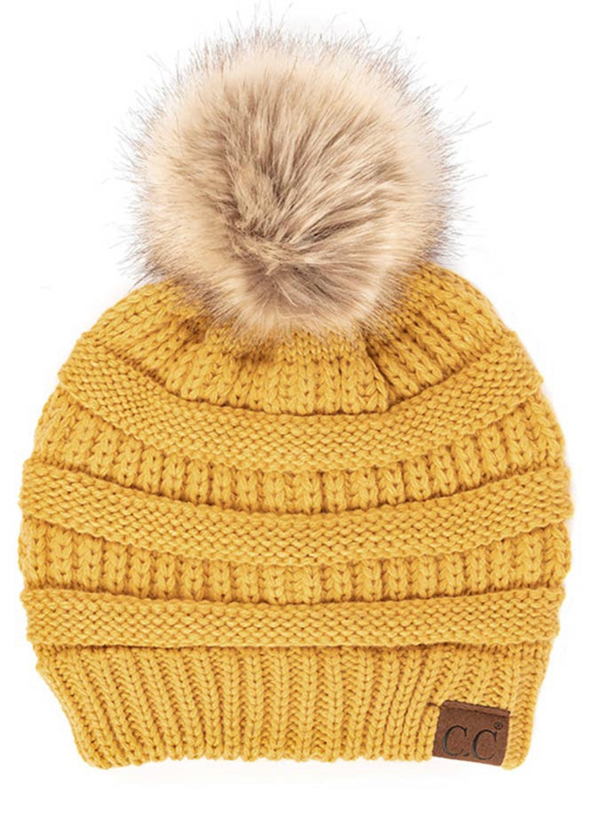 C.C. Solid Ribbed Knit Beanie w/Pom