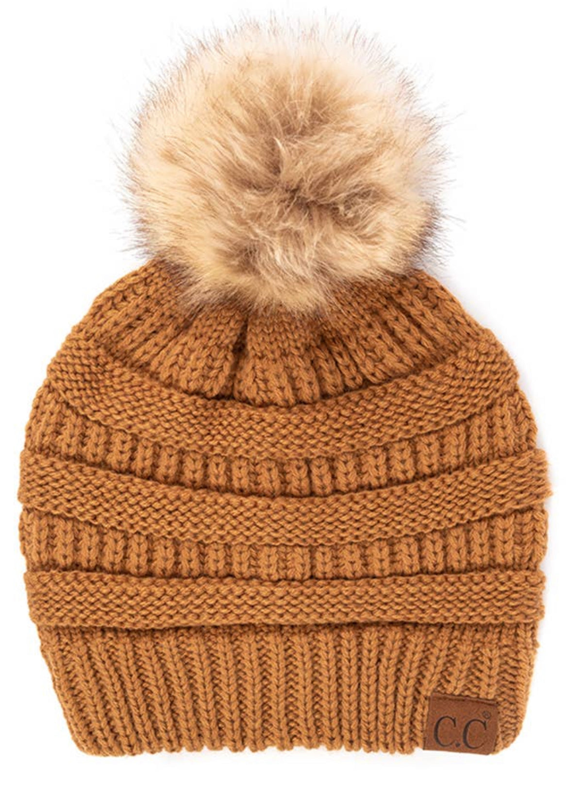 C.C. Solid Ribbed Knit Beanie w/Pom